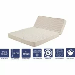 LITERIE JULIEN Matelas Trés Ferme Pour Tous BZ + Alése 140x200 X 15 Cm - Découpe Assise 60 Cm - 5 Zones De Confort - Noyau Poli Lattex HR Derniére Génération - Trés Respirant