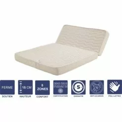 LITERIE JULIEN Matelas Ferme Pour Tous BZ + Alése 140x190 X 15 Cm + Oreiller Visco - Découpe Assise 60 Cm - 5 Zones De Confort - Noyau Poli Lattex HR Derniére Génération - Trés Respirant