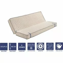 LITERIEJULIEN Matelas Souple Pour Tous Clic Clac 130x190 X 15 Cm Avec Latex Naturel Sur Face Hiver - Découpe Assise 70 Cm - 5 Zones De Confort - Face été Et Noyau Poli Lattex HR Derniére Génération - Trés Respirant