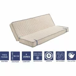 PROVENCE LITERIE Matelas Très Ferme Pour Tous Clic Clac 130x200 X 15 Cm + Oreiller Visco Avec Mémoire De Forme Sur Face Hiver - - Découpe Assise 60 Cm - 5 Zones De Confort - Face été Et Ame Poli Lattex Haute Résilience - Hypoallergénique