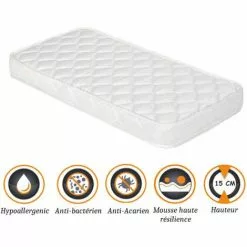NUITS D'OR Matelas Pour Bébé 70x140 Cm Hauteur 15 Cm Hyppoallergénique - Anti-acariens - Tissu Coton - Mousse Haute Résilience 33 Kg/m3