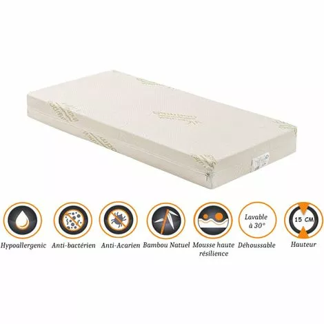 NUITS D'OR Matelas Pour Bébé 60x120 Cm Hauteur 15 Cm Déhoussable Housse Lavable à 30° - Tissu Avec Bambou Naturel - Hyppoallergénique - Anti-acariens - Mousse Densité 30 Kg/m3 1 NUITS D'OR Matelas Pour Bébé 60x120 Cm Hauteur 15 Cm Déhoussable Housse Lavable à 30° - Tissu Avec Bambou Naturel - Hyppoallergénique - Anti-acariens - Mousse Densité 30 Kg/m3
