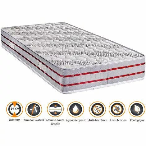 NUITS D'OR Matelas Tissu Bambou Naturel + Protège Matelas 80x190 X 24 Cm Confort Ferme - Ame Poli Lattex Haute Densité - Hypoallergénique 1 NUITS D'OR Matelas Tissu Bambou Naturel + Protège Matelas 80x190 X 24 Cm Confort Ferme - Ame Poli Lattex Haute Densité - Hypoallergénique