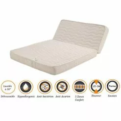 NUITS D'OR Matelas Ferme Pour BZ 140x200 X 15 Cm - Dim Assise 60 Cm - Déhoussable Housse Lavable - 5 Zones De Confort - Ame Poli Lattex Haute Résilience - Hypoallergénique