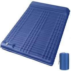 ASUPERMALL Matelas De Couchage Double Gonflable De 10,2 Cm D'épaisseur Avec Oreiller Et Pompe Intégrée Matelas D'air Léger Et Imperméable Pour Camping, Voiture, Voyage, Randonnée, Bleu Marine, 200 X 140 X 10 Cm